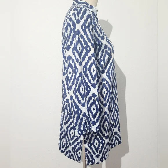 Woman's Brooks Brothers Blue Ikat Tunic Blouse 100% Cotton Size Small 3/4 Sleeve - Picture 4 of 12